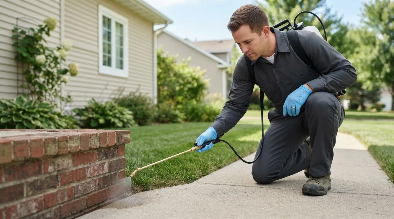 Pest control technician treating a home near Battle Ground, IN